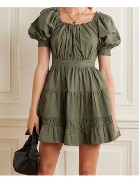Ulla Johnson Olive Green Puff-Sleeve Tiered Mini Dress